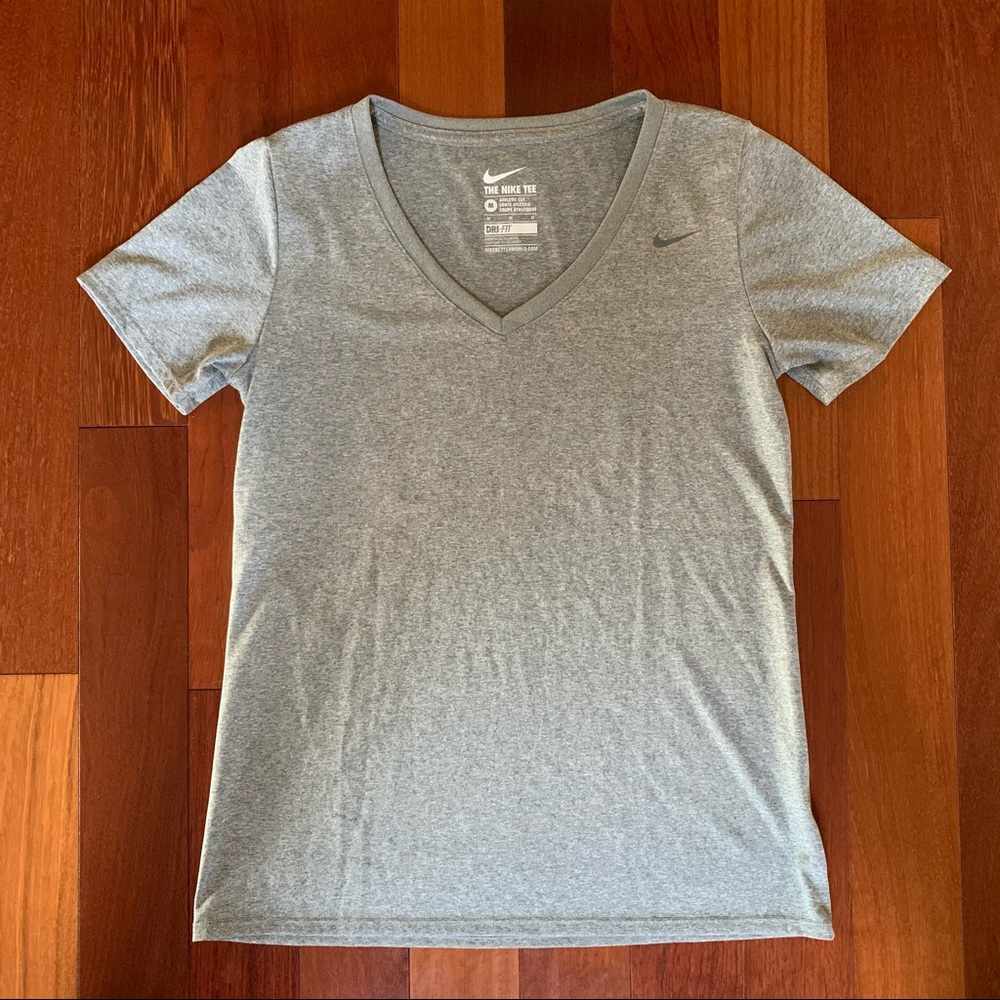 Nike Dri-Fit grey v-neck athletic cut workout shirt, short sleeves, medium